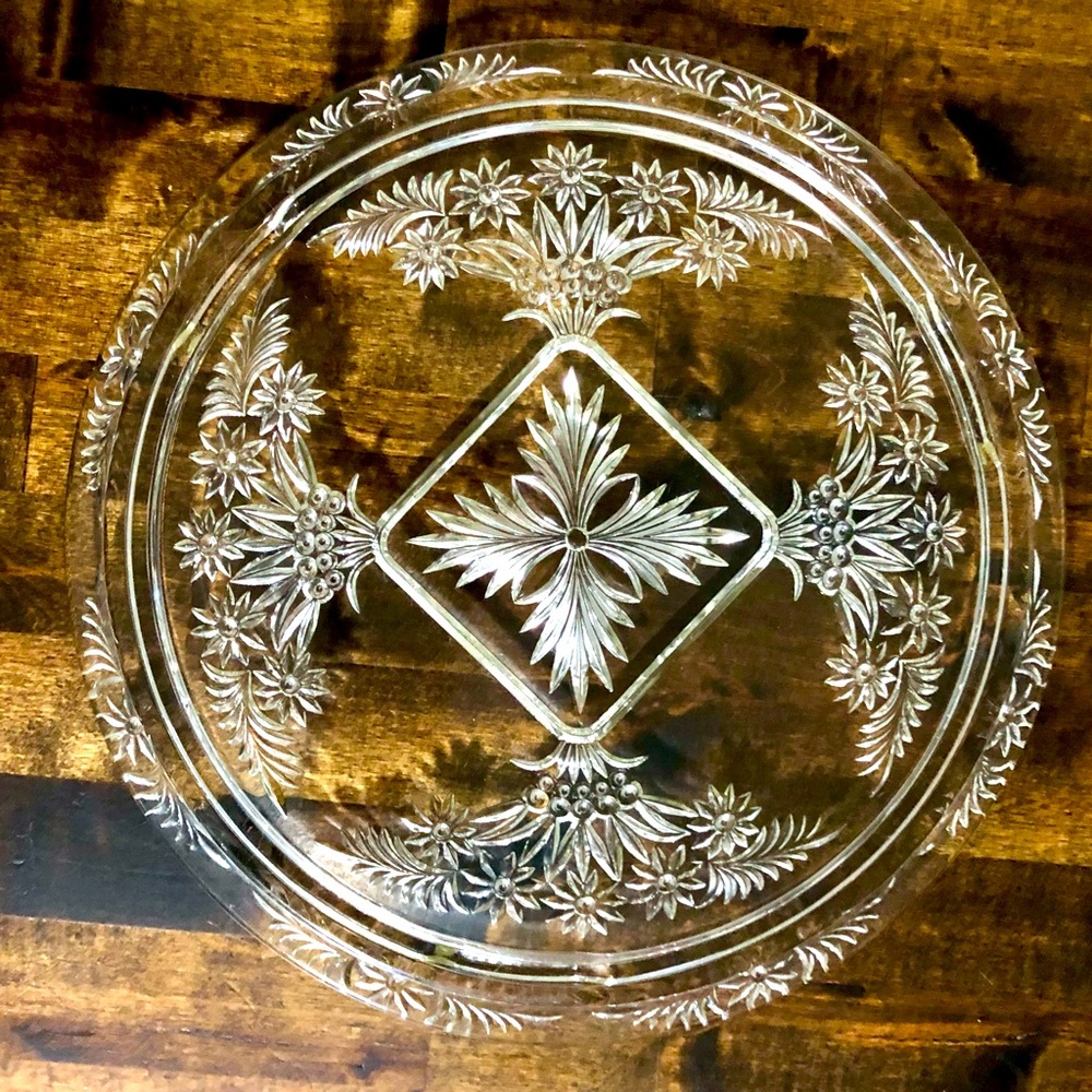 Vintage Indiana Glass Pressed Glass Cake Plate Floral Sprays Serving Platter